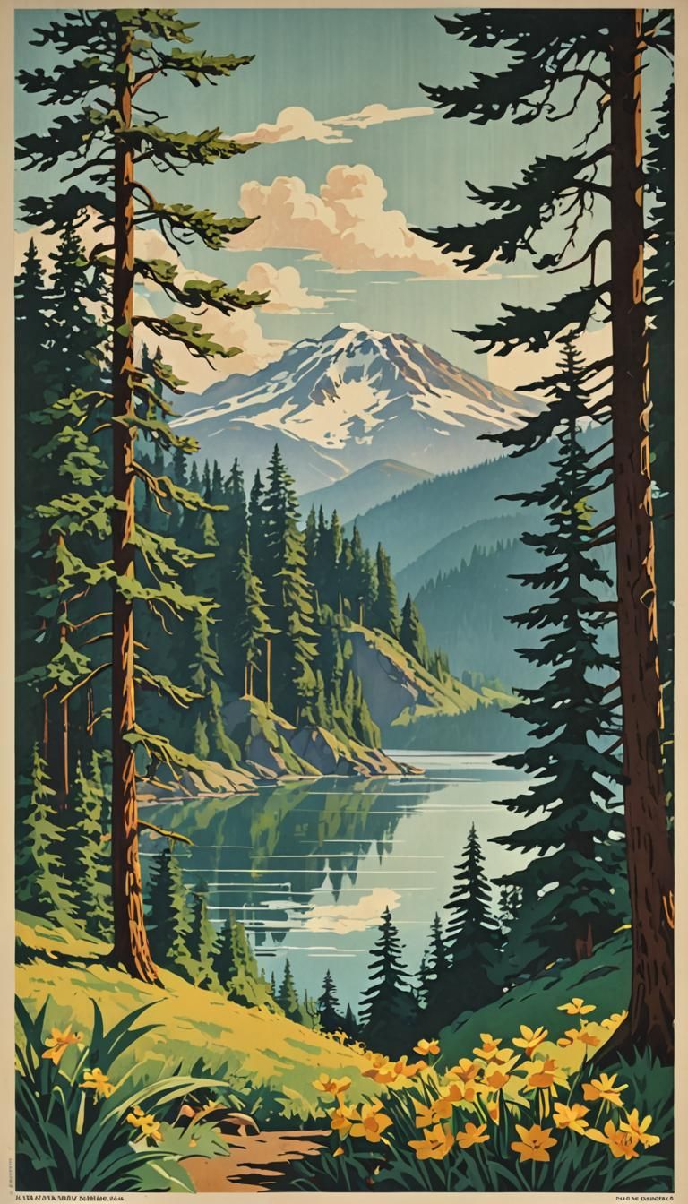 Design a vintage travel poster depicting the natural beauty of the Pacific Northwest