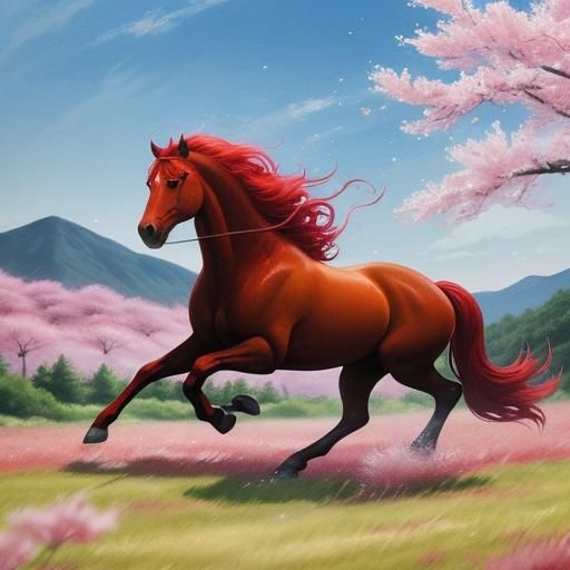 Majestic Red Horse Galloping in Cherry Blossom Landscape