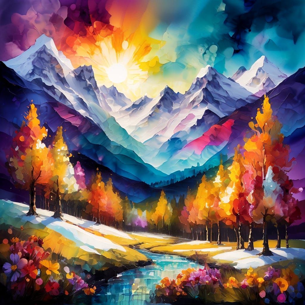 Vibrant Whimsy Amidst Snow-Capped Peaks