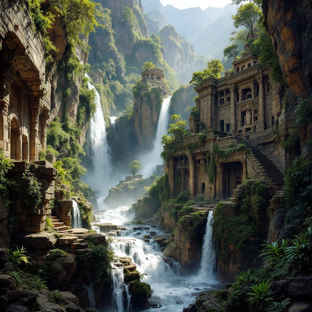 Inca Stone Waterfalls in Lush Peruvian Landscape