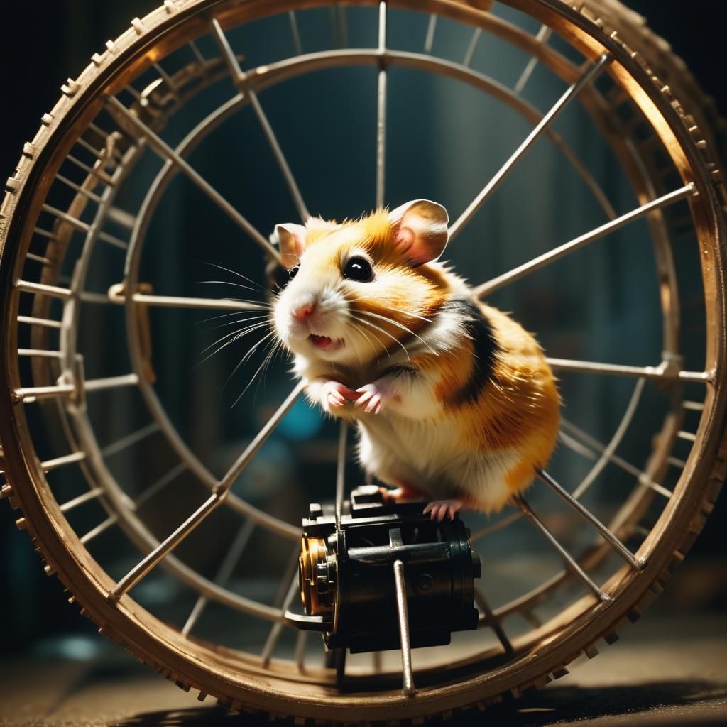 Hamster on Wheel: Cinematic Film Still in Dark Room