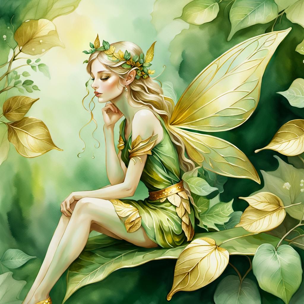 Tiny Fairy in Forest, Watercolor Fantasy Art