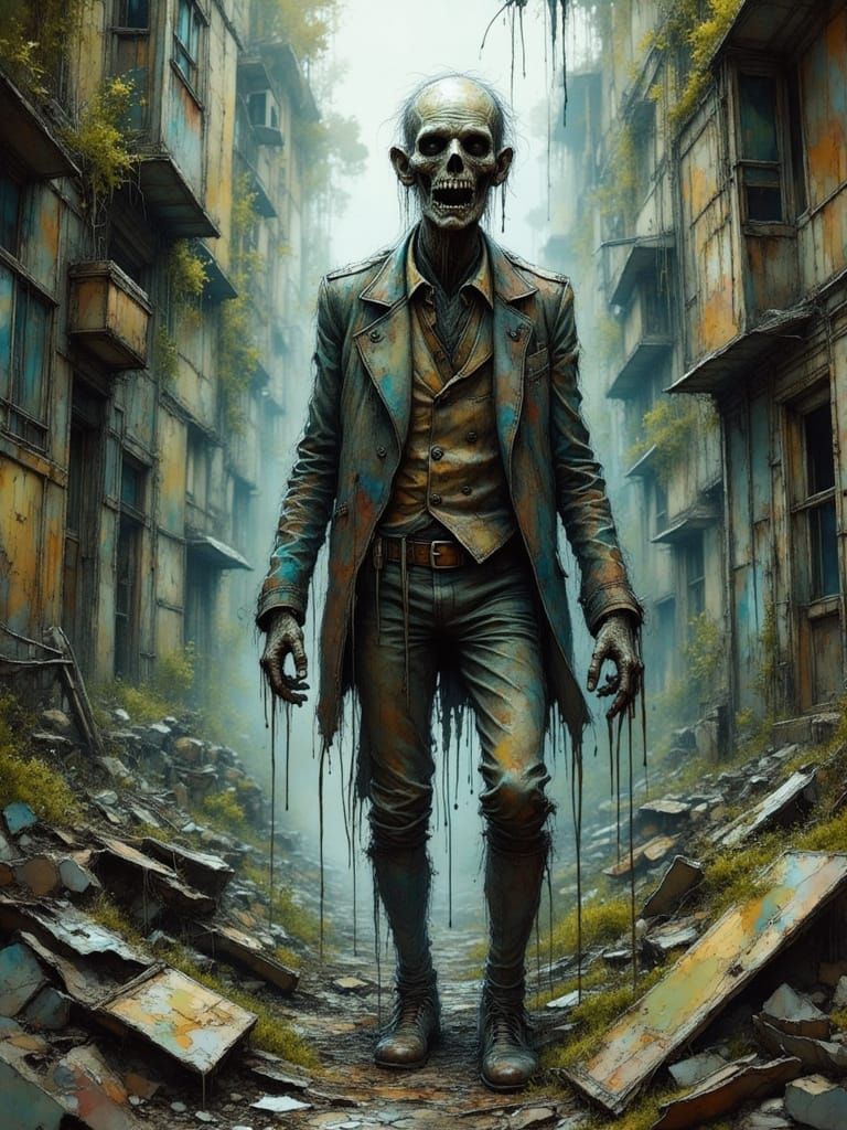 Zombie in Dystopian Cityscape with Overgrowth