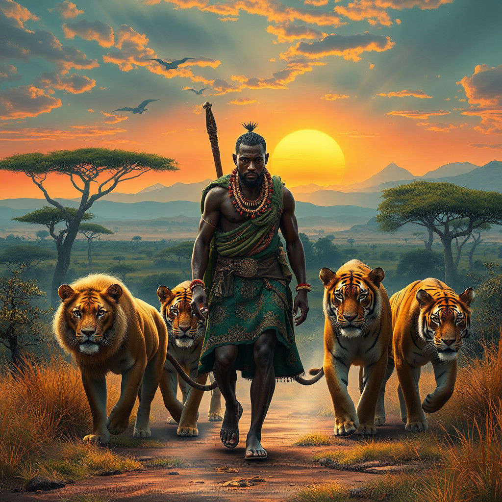 African Warrior and Majestic Lions in Dreamlike Savannah