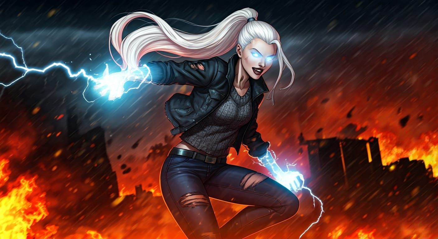Dynamic Supervillainess with Lightning Powers in Burning Cit...