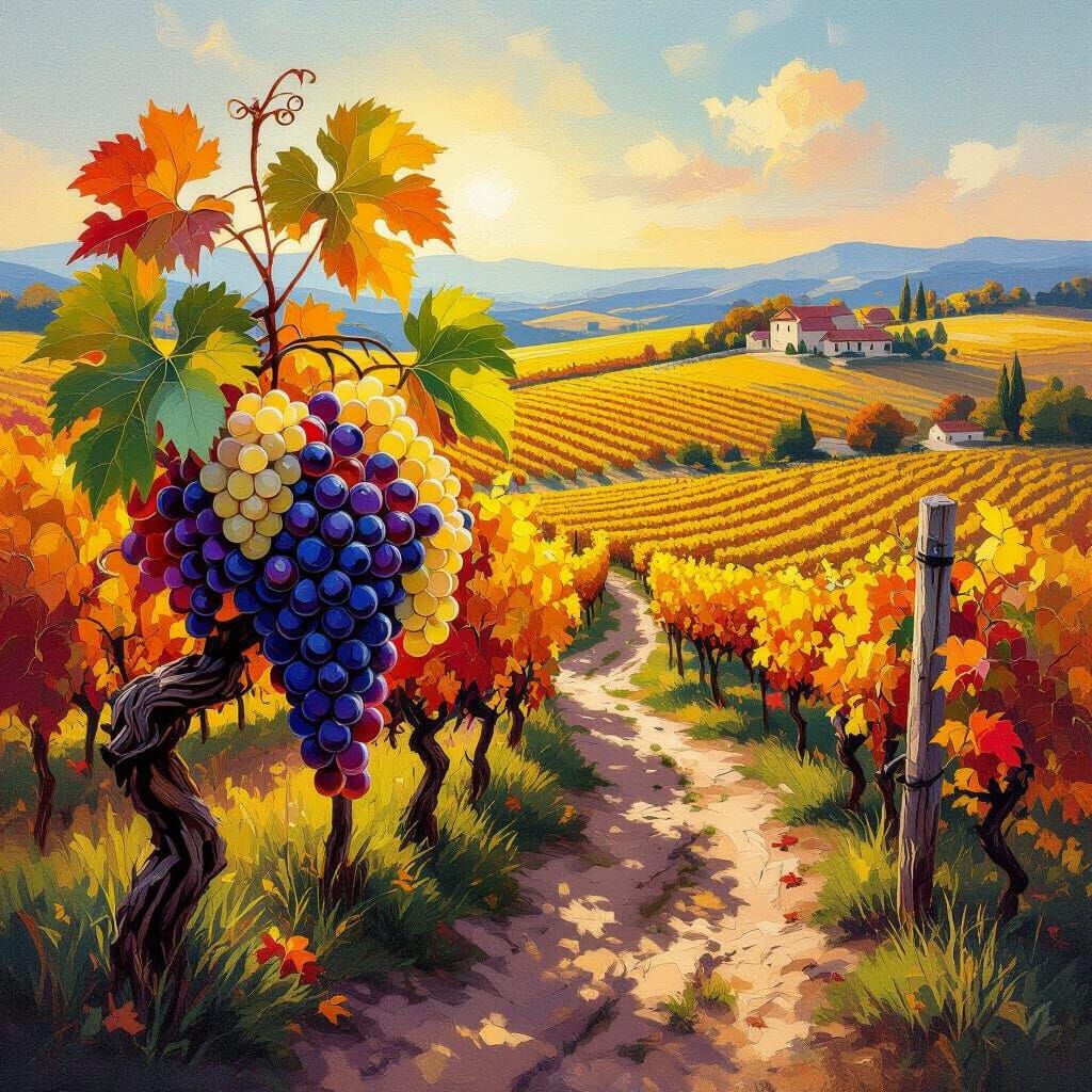Vibrant Autumn Vineyard Impressionist Painting