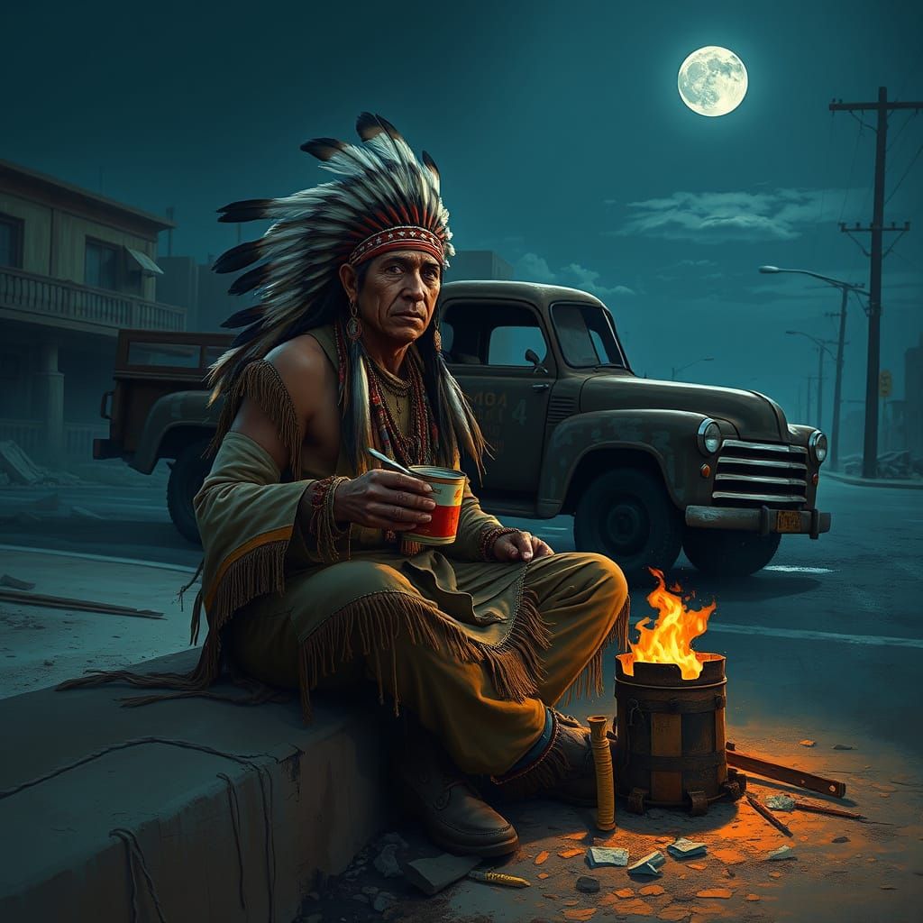 Desolate Post-Apocalyptic Night Scene with Ute Indian Figure