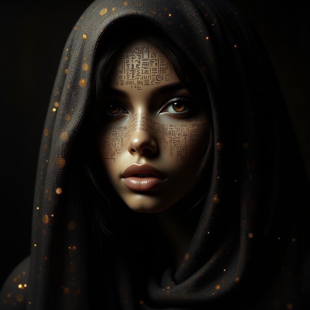 Mysterious Egyptian Woman with Hieroglyph Tattoos in Chiaros...