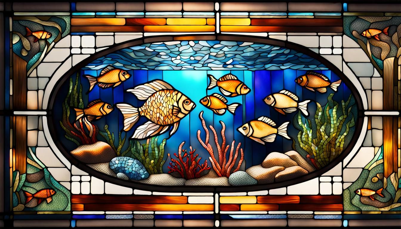 Stained Glass Fish Aquarium Mosaic, Hyperrealistic HDR