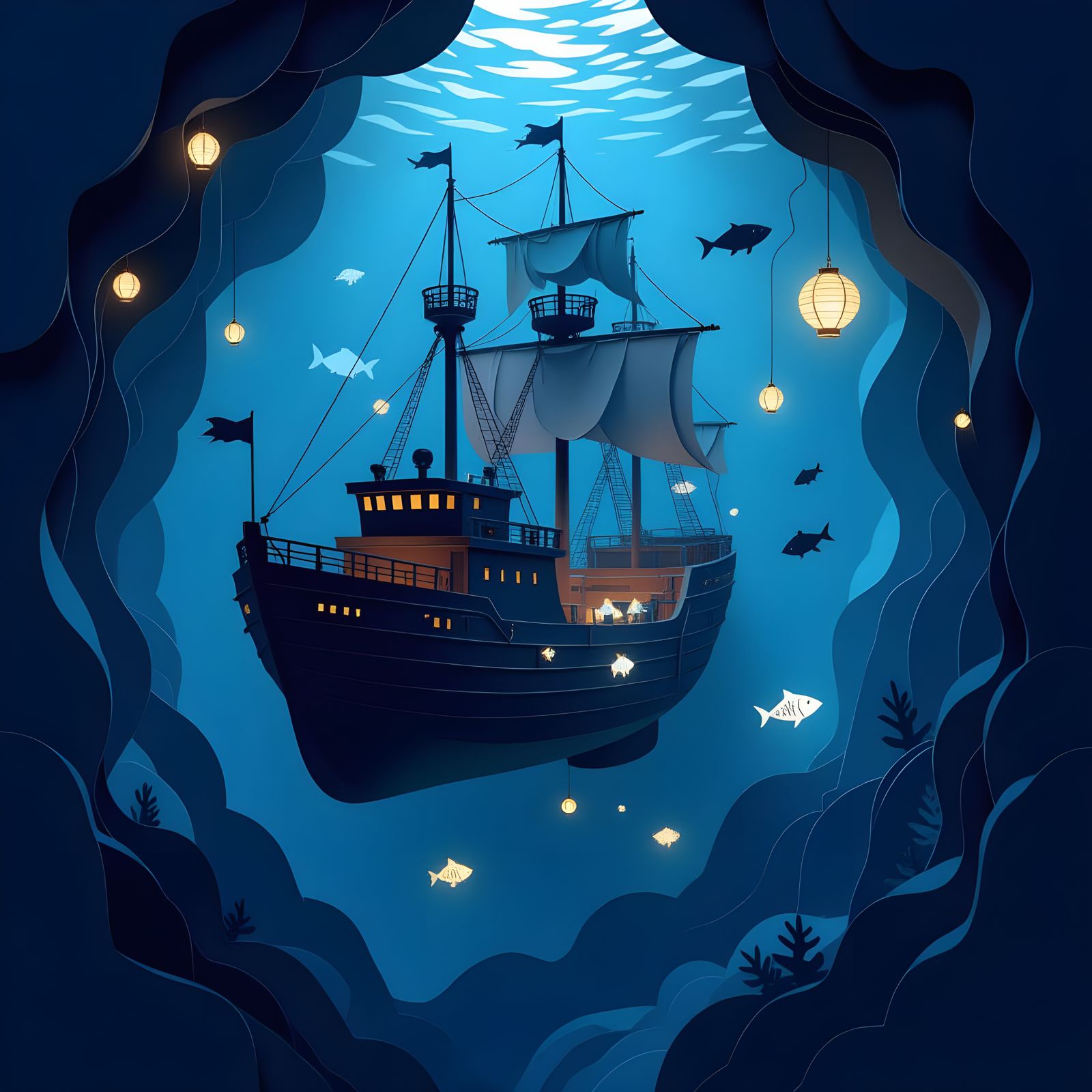 Metallic Paper Submarine Explores Dark Ocean Abyss