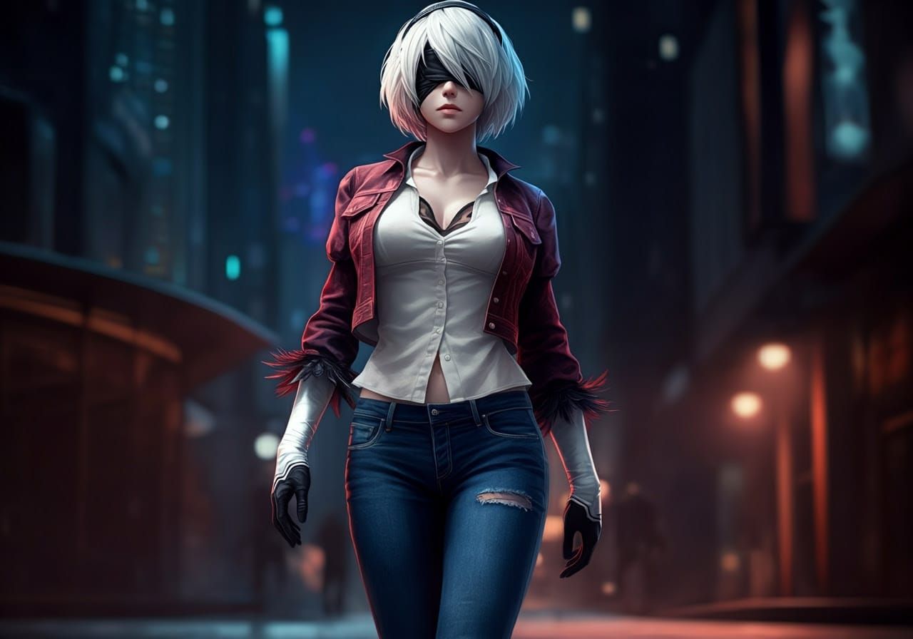 Realistic 2B from Nier Automata in Denim Outfit