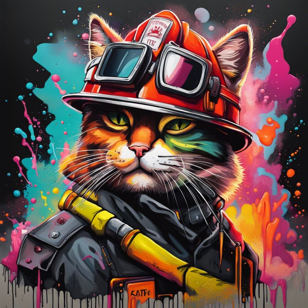 Cat Firefighter Graffiti Art in Splash Style