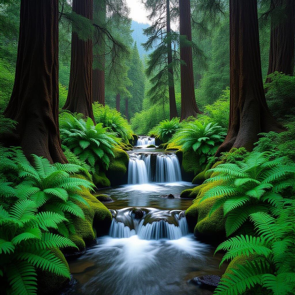 Serene Mountain Waterfall with Lush Forest, Photorealistic S...
