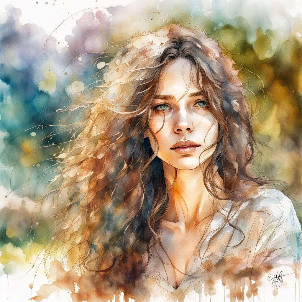 Girl in Garden: Watercolor and Ink Portrait