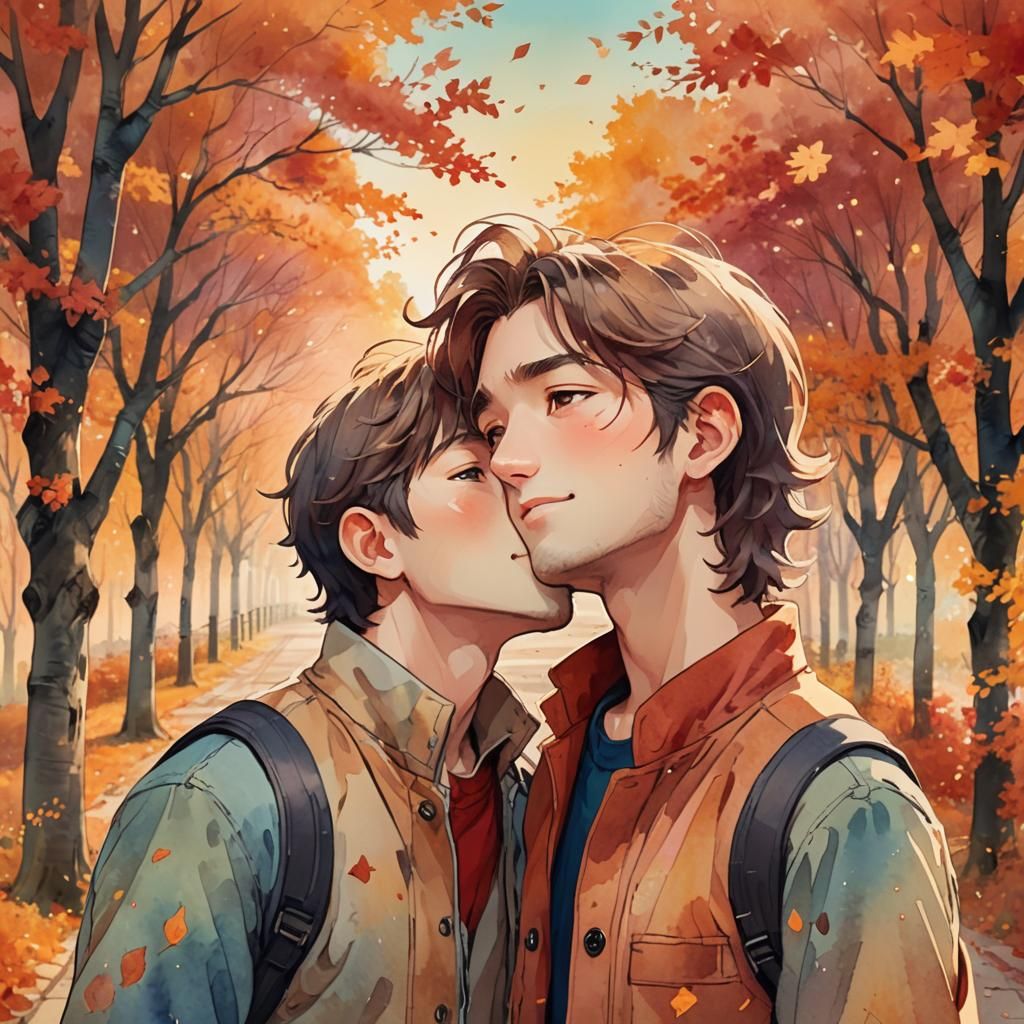 Anime Gay Couple Kissing in Autumn, Vibrant Style
