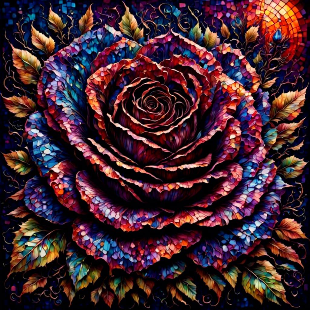 Dark Whimsical Rose Mosaic Watercolor
