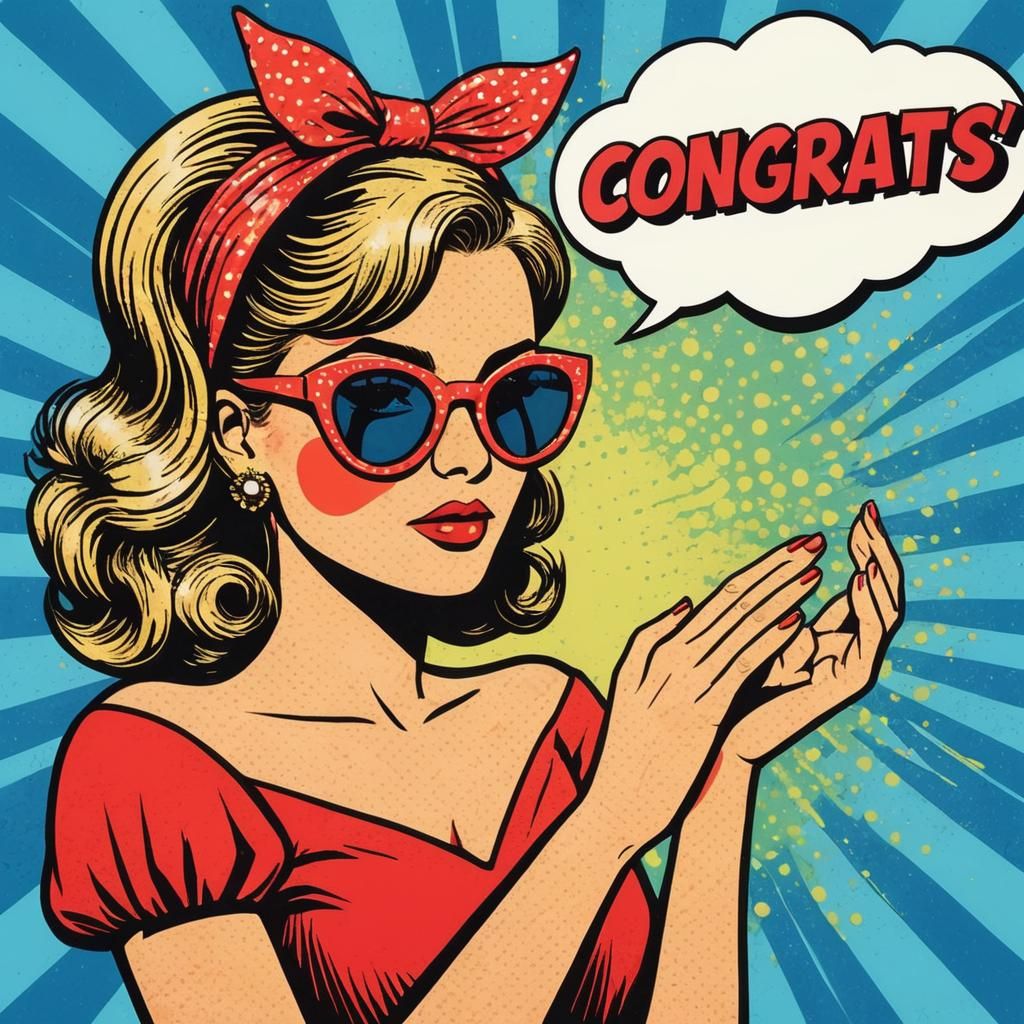 Pop Art Girl Celebrates with Congratulations