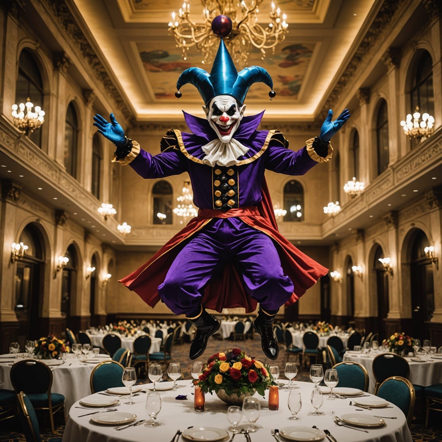 Menacing Jester Floats Through Ornate Banquet Hall