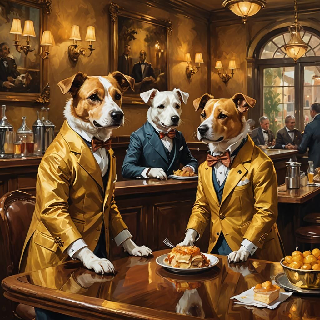 Dogs in Suits Order Food: Rococo Digital Painting