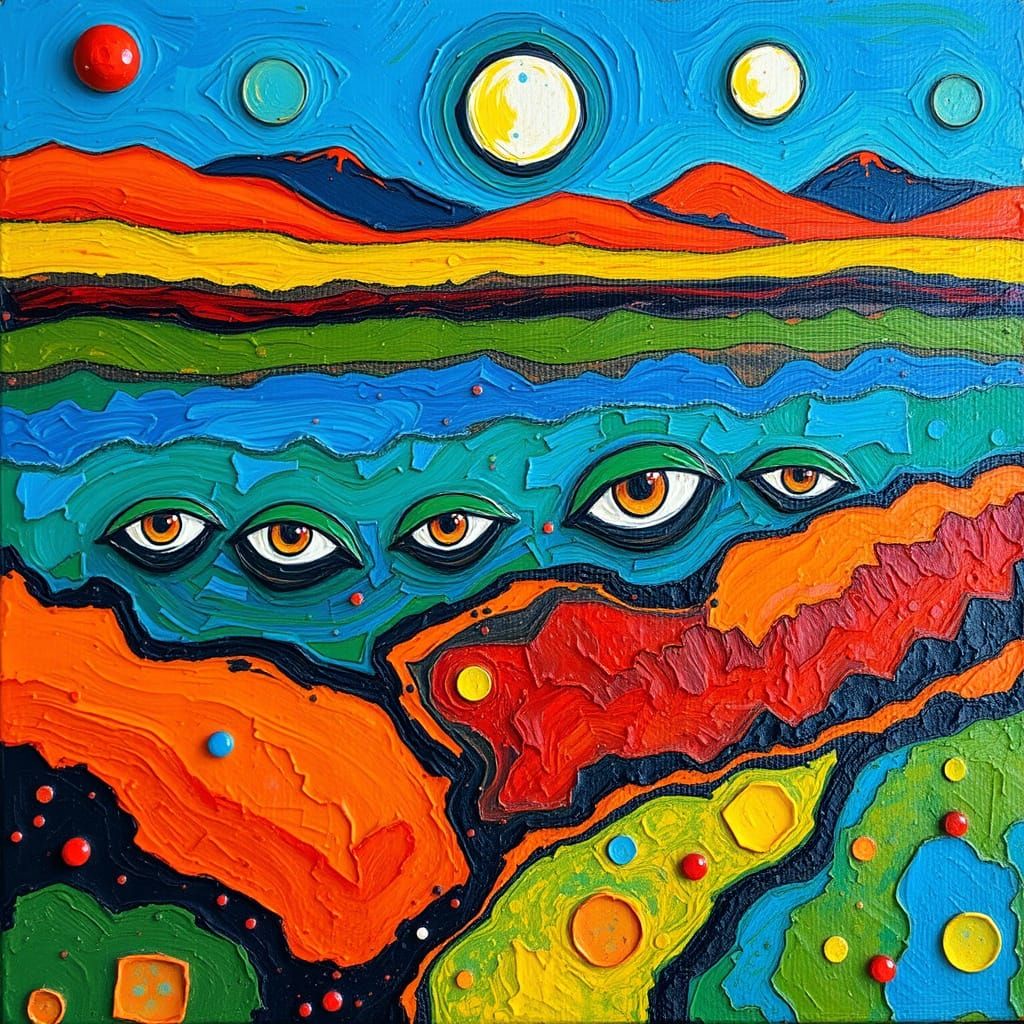 Vibrant Earth Teeming with Eyes in Neo-Impressionist Style