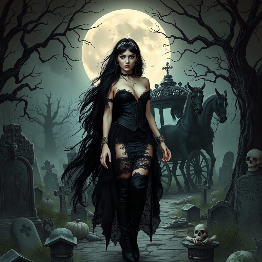 Gothic Enchantress in Haunted Graveyard