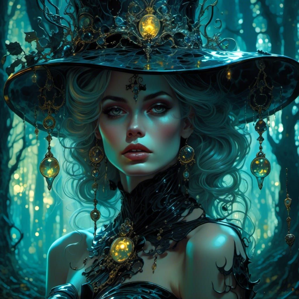 Bioluminescent Witch Pin-Up in Dark Forest