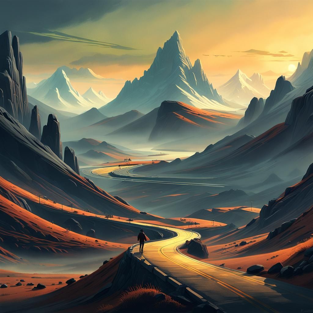 Epic Landscape with Winding Road in Digital Art Style