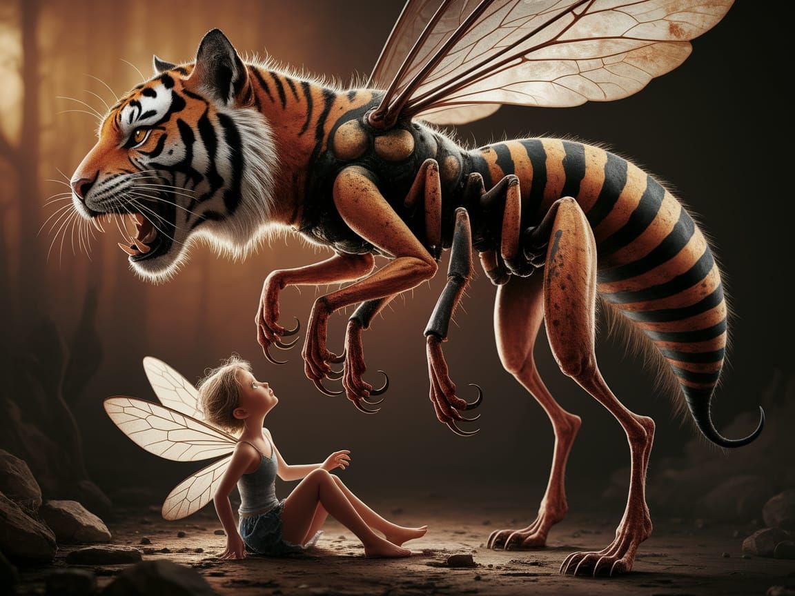 Grotesque Tiger-Wasp Hybrid Menaces Fairy