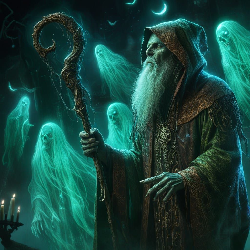 Gothic Necromancer Surrounded by Ghosts in Dark Fantasy Art