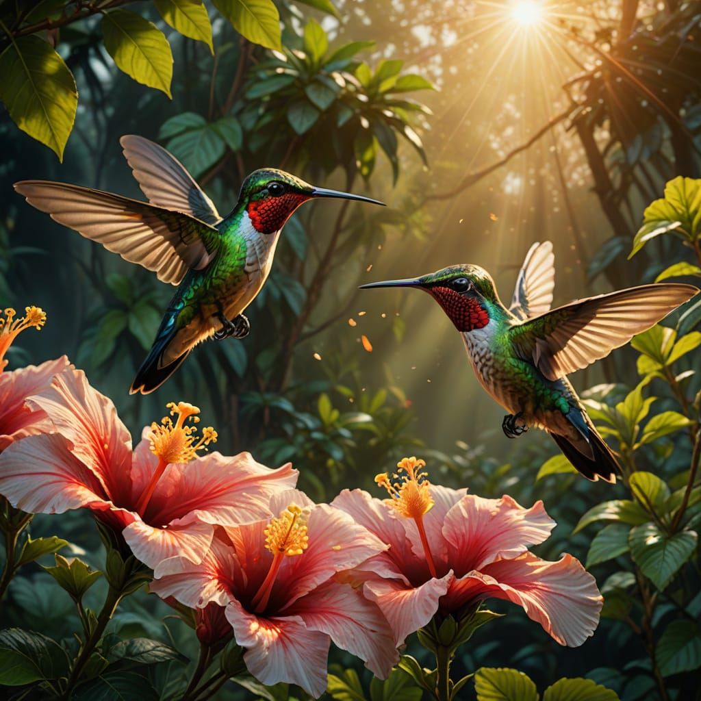 Vibrant Oil Painting Style Hummingbirds in Tabasco Vegetatio...