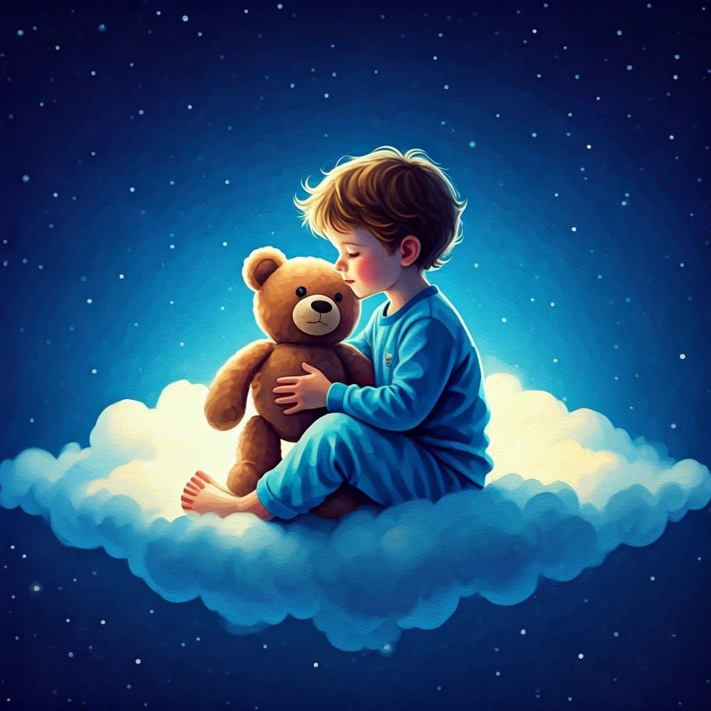 Boy and Teddy Bear in Starry Sky, Watercolour Art