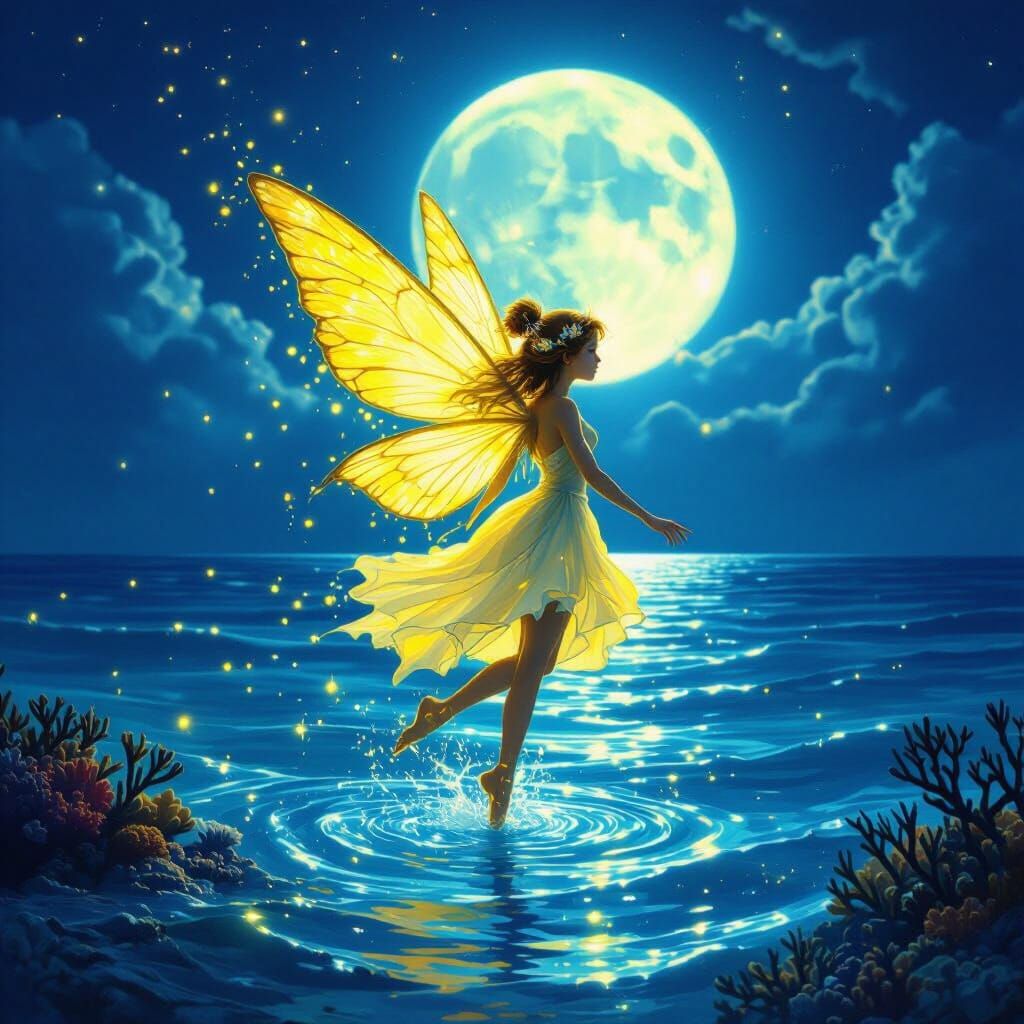 Bioluminescent Fairy in Caribbean Sea Under Blue Moon
