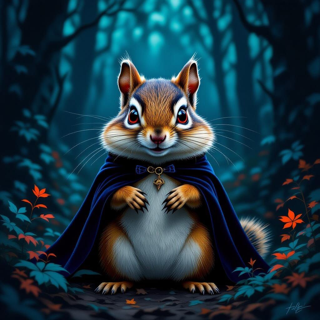 Surreal Vampire Chipmunk in Dark Forest