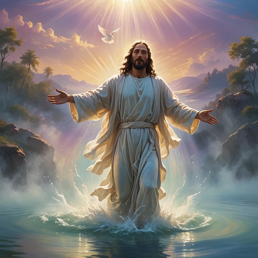 Jesus's Baptism: Dove Descends in Dreamlike Illustration