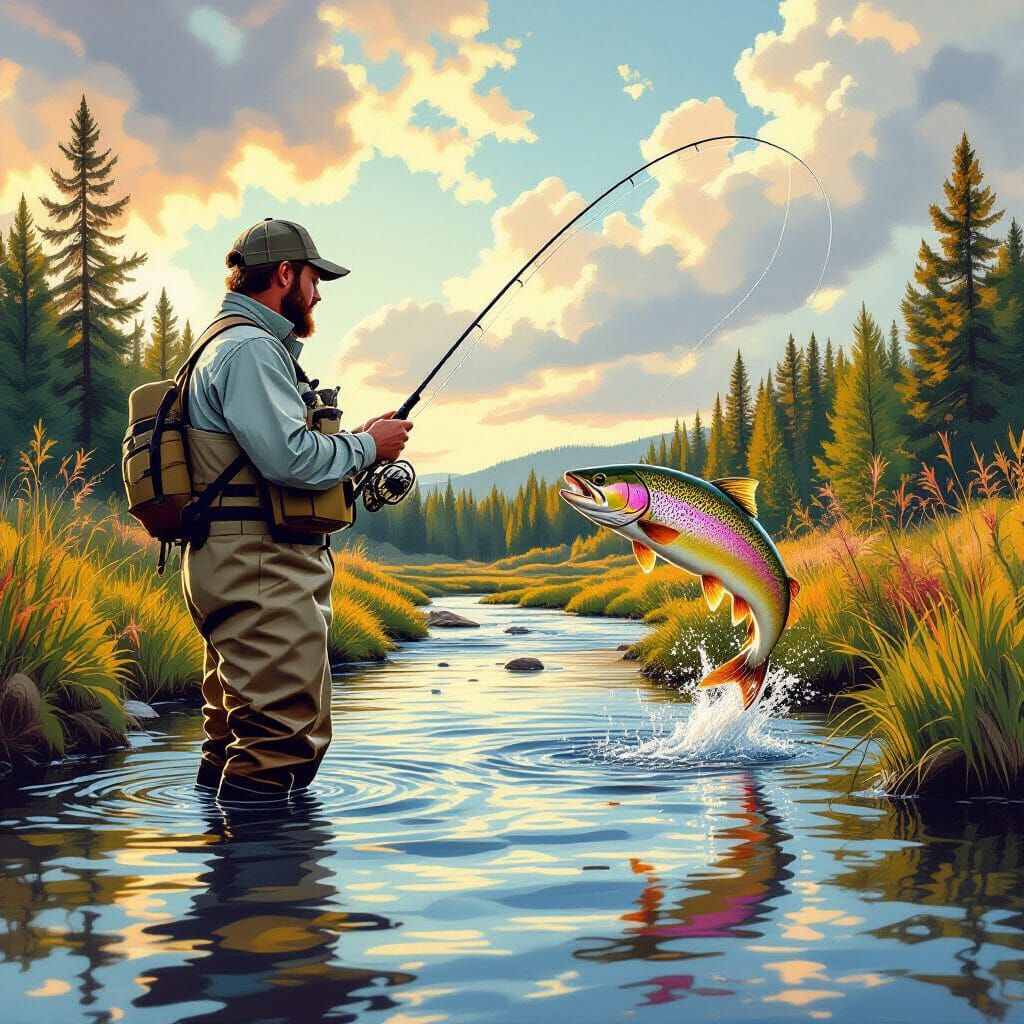 Hyperrealistic Fisherman Catches Trout in Stream