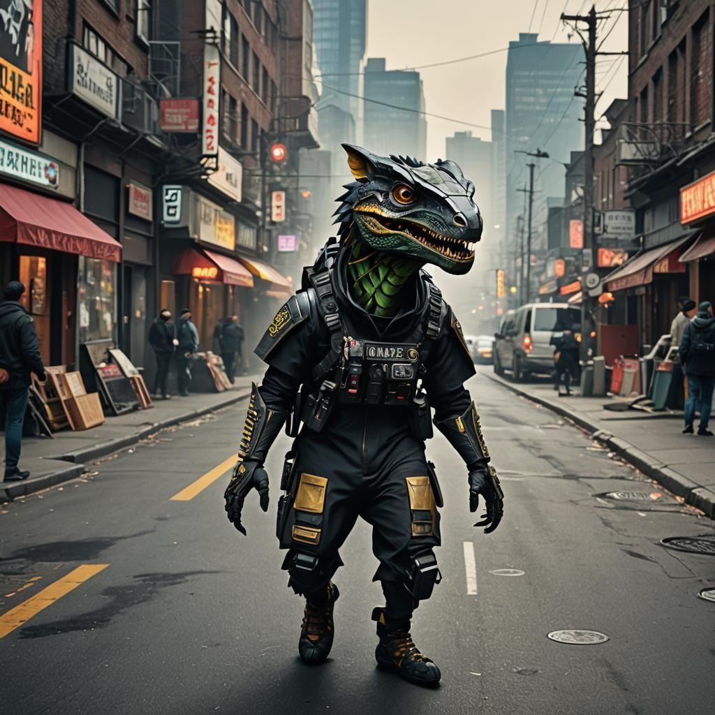 Cyberpunk Cat Samurai on Neon Street