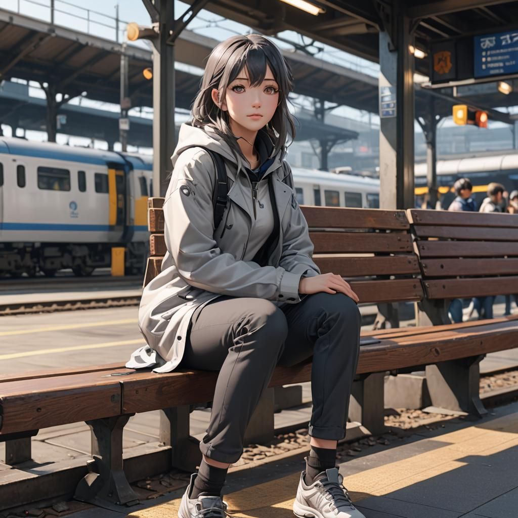 Anime Style Woman at Train Station in 3D