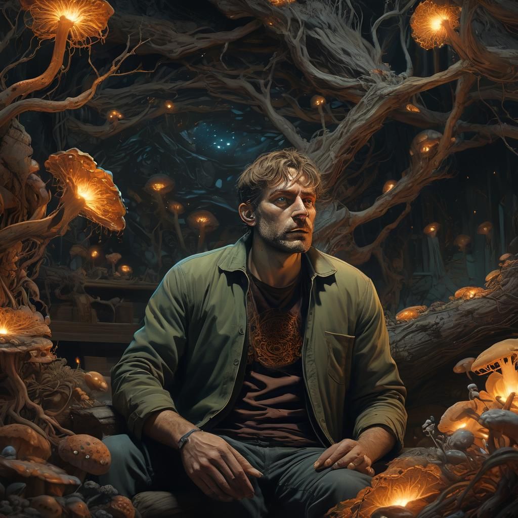 Conjunctivitis Man in Bioluminescent Dystopian Room