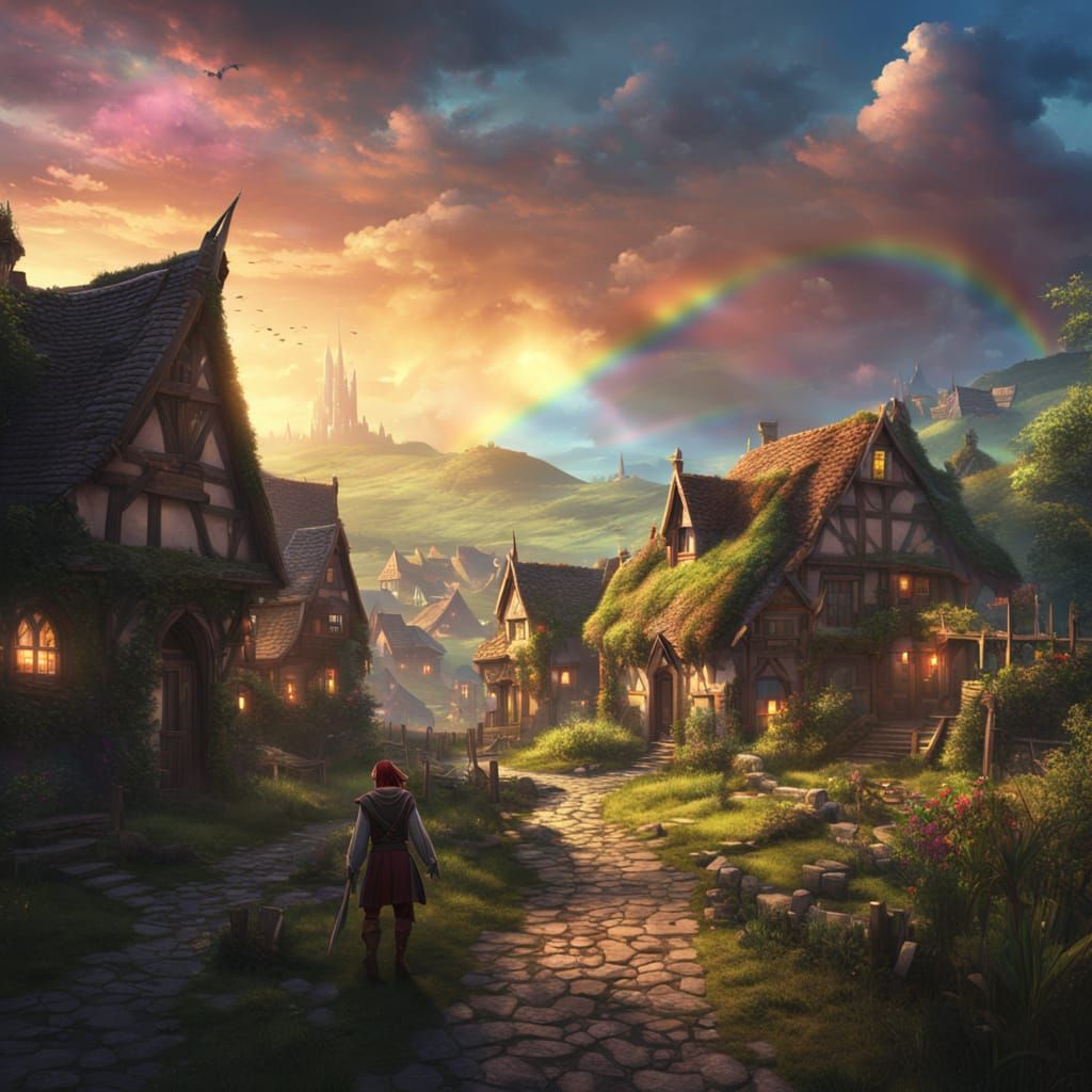 Elf in Medieval Village with Distant Rainbow Concept Art