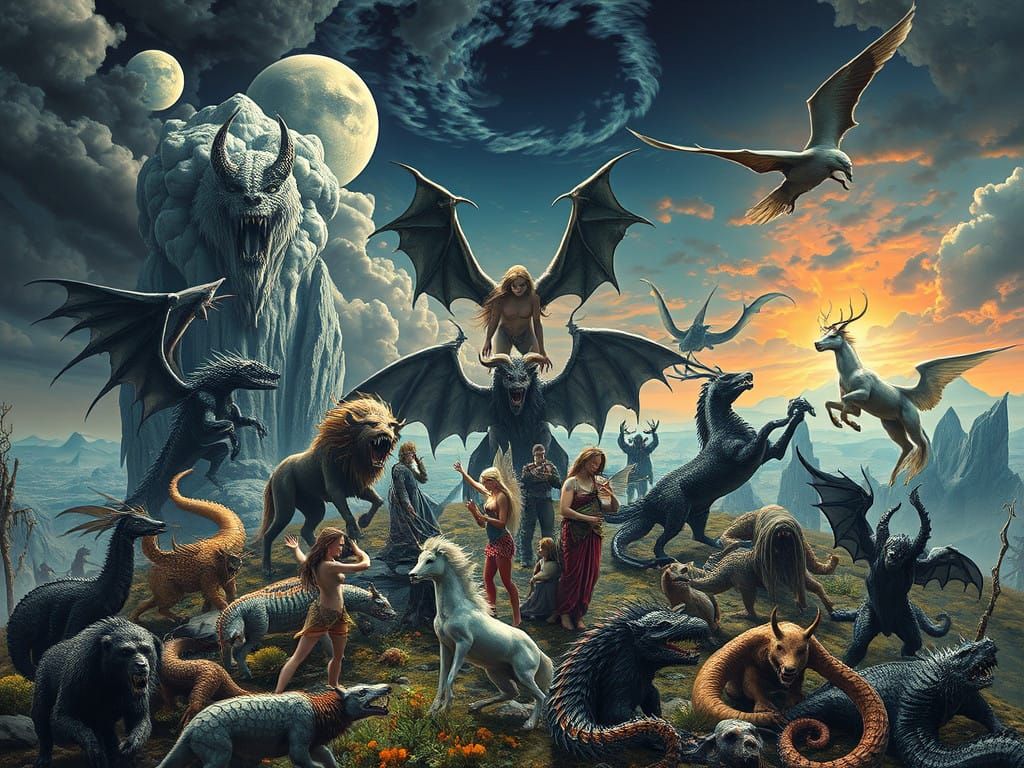 Mythical Creatures Gather in a Surreal Landscape