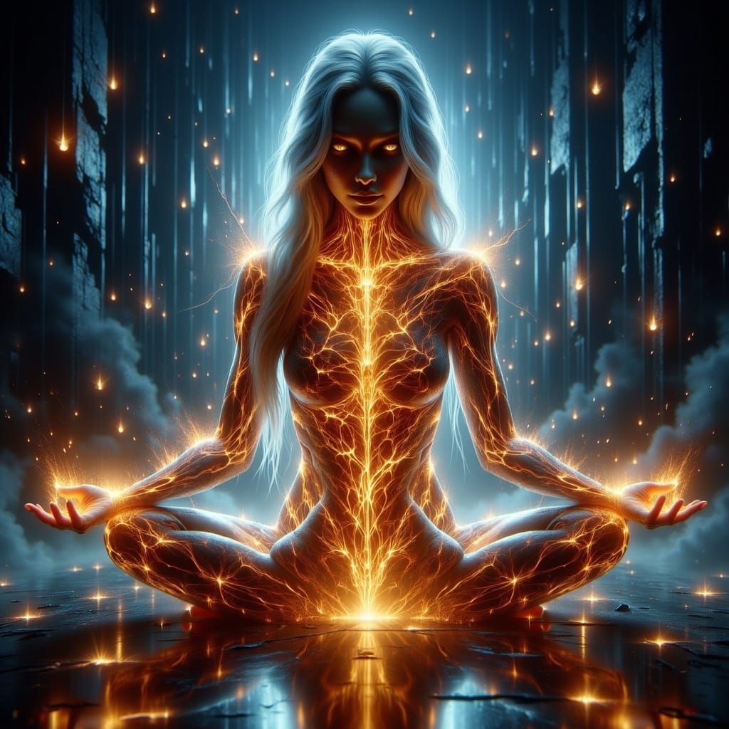Woman with Glowing Runes and Nervous System
