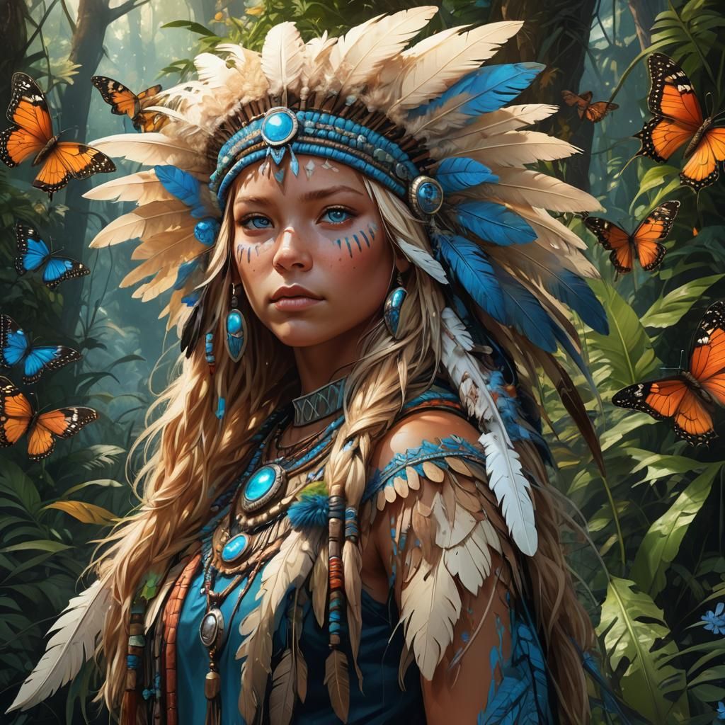 Native American Girl with Glowing Feather, Fantasy Art