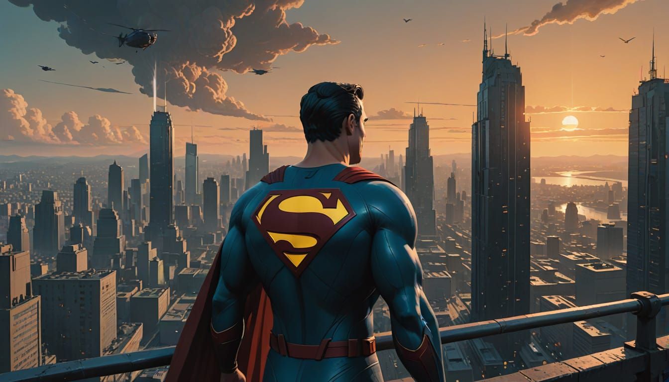 Classic Superhero Duo Soars Above Metropolis in Golden Light