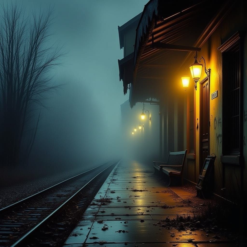 Eerie Abandoned Train Station Platform in Mysterious Mist