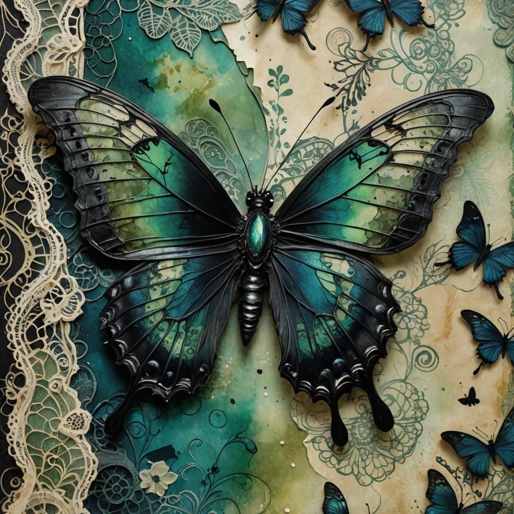 Black Lace Butterfly: Gothic Horror Mixed Media Illustration