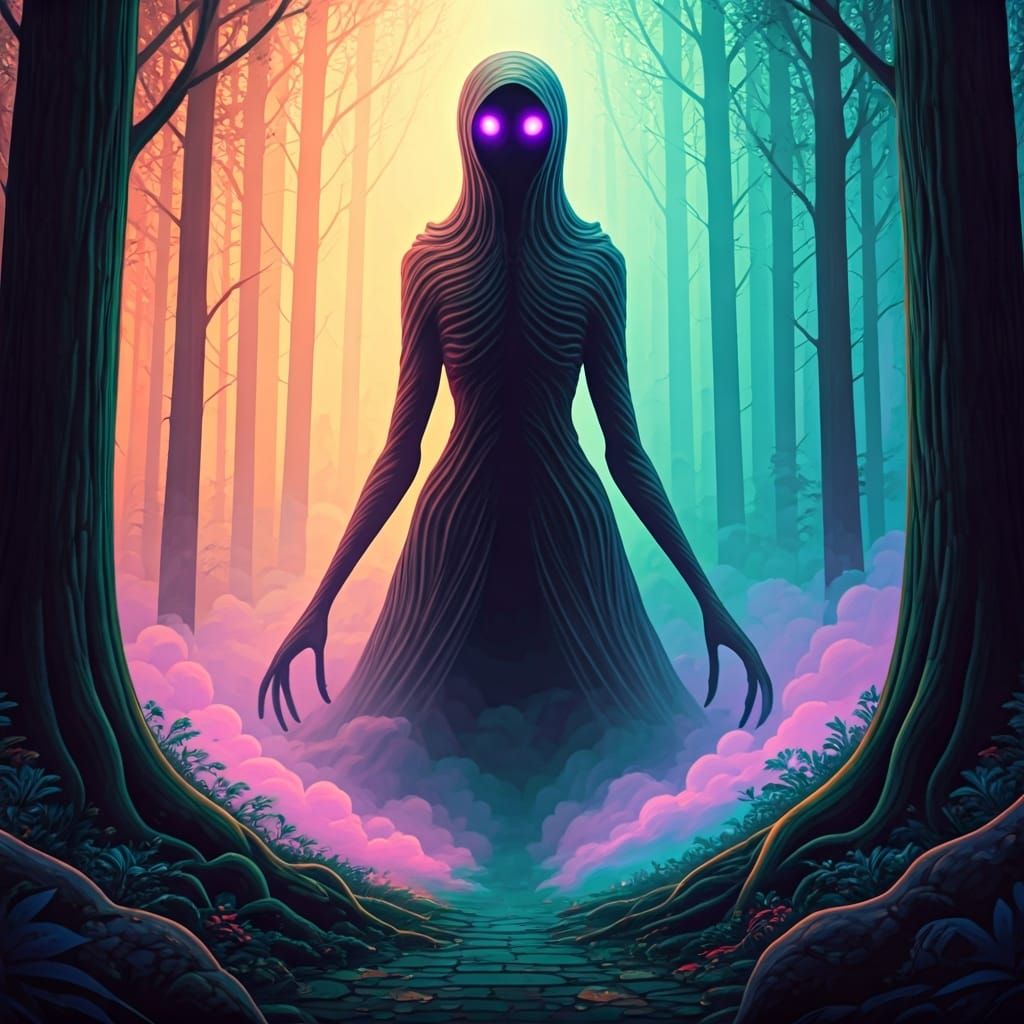 Ominous Creature in Rainbow Mist: Abstract Art