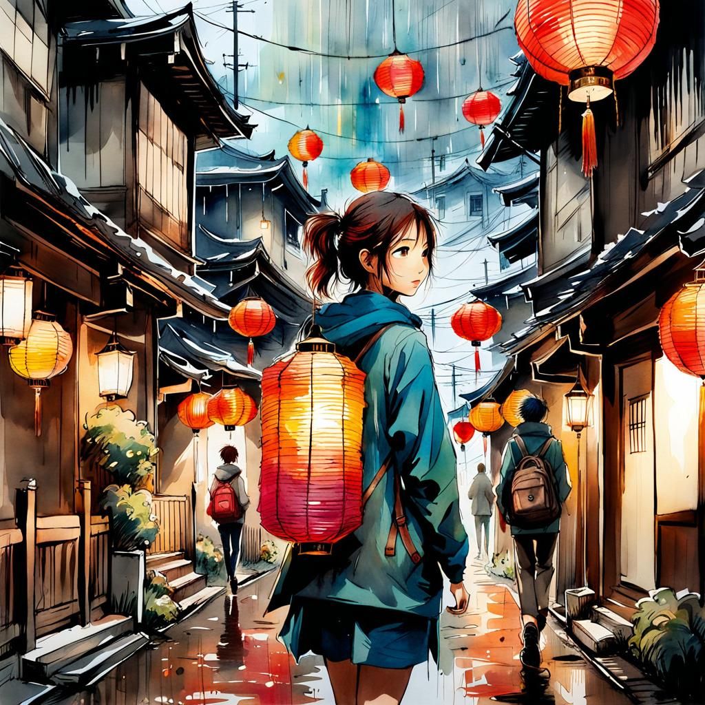 Rainy Japanese Lantern District: Watercolor Manga Illustrati...