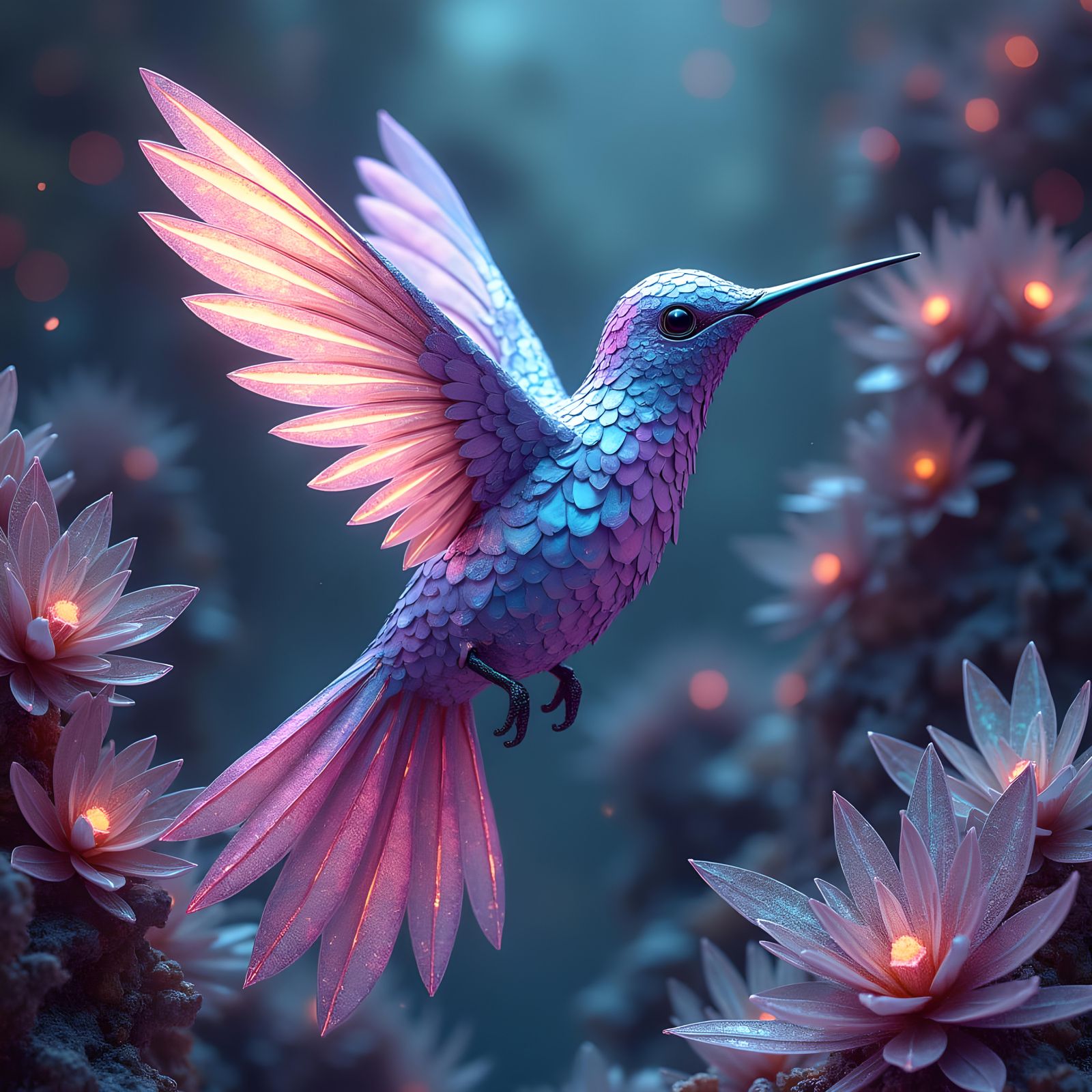 Crystallized Metallic Hummingbird in Crystal Forest
