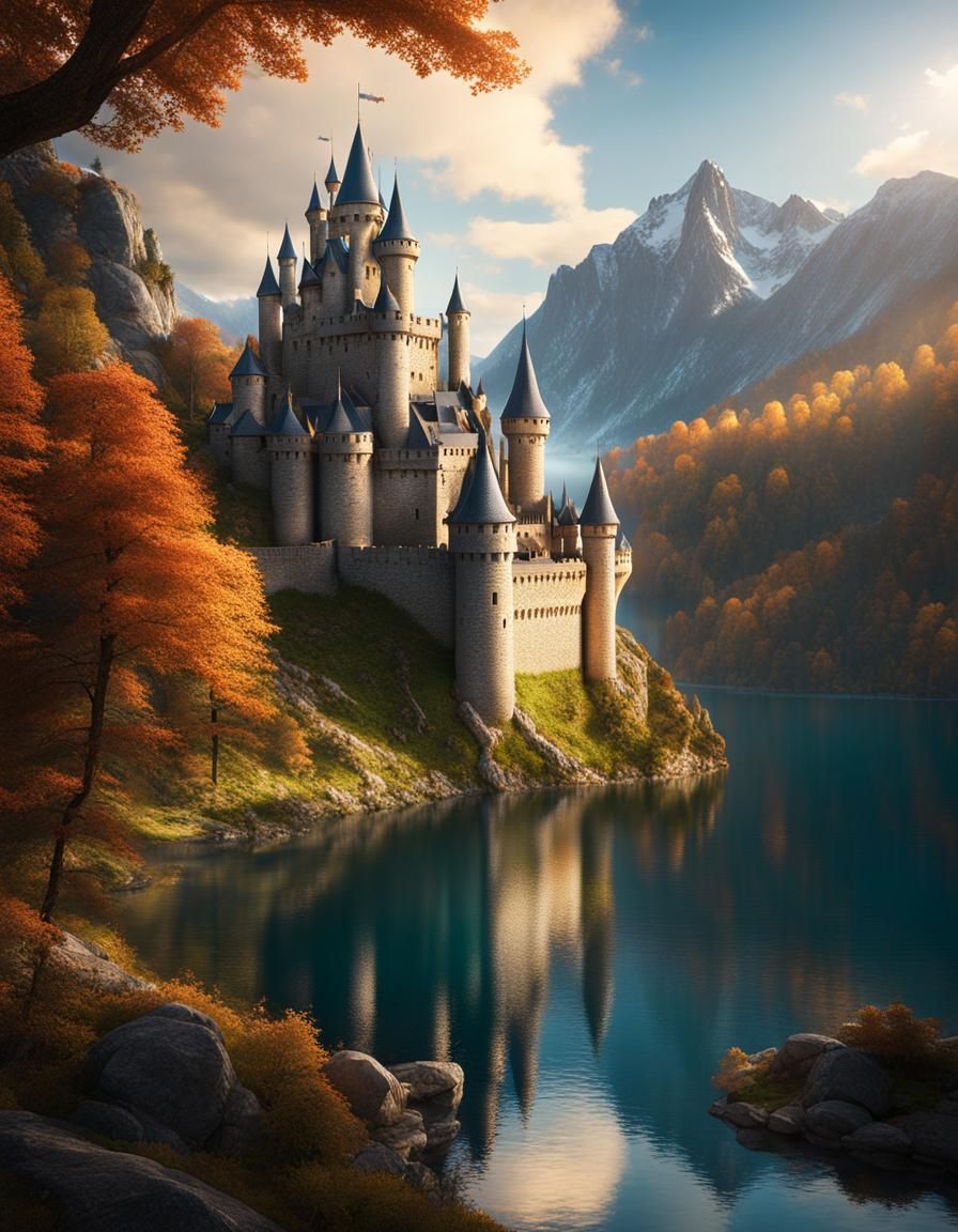 Dreamlike Fantasy Castle Overlooking Lake
