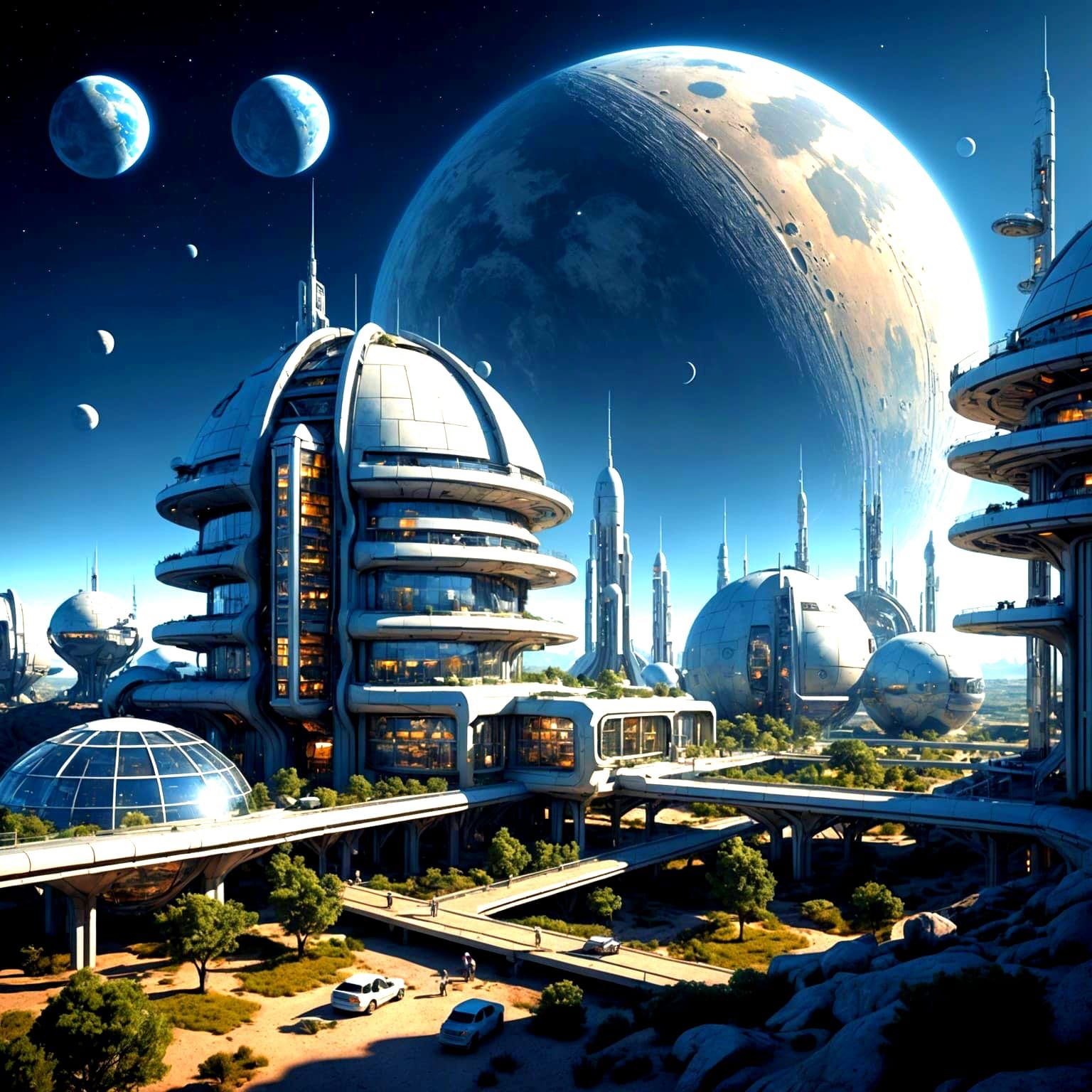 Futuristic Space Colony at Moonrise in HDRI